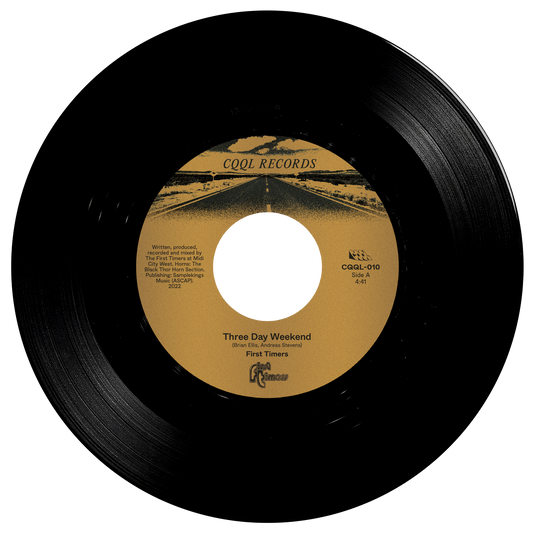 Black vinyl record with a yellow label on a white background