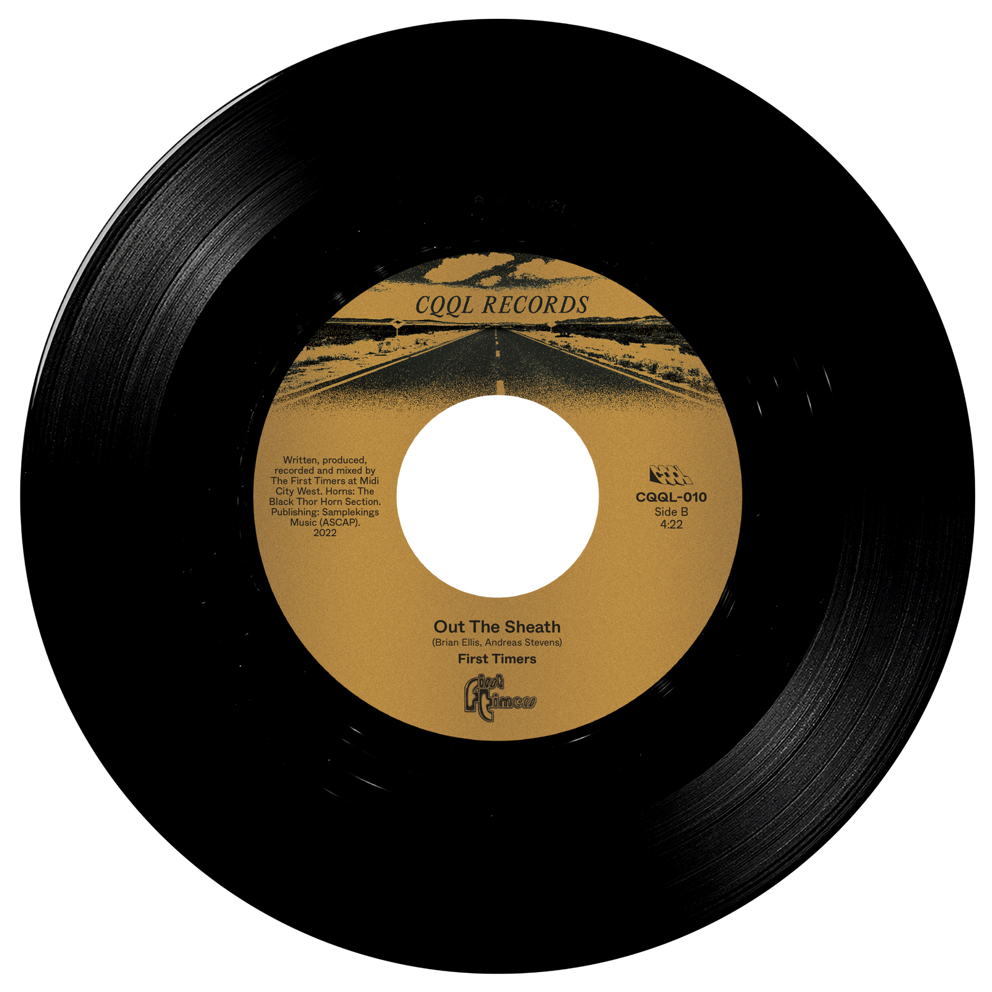 Black vinyl record with a brown label on a white background