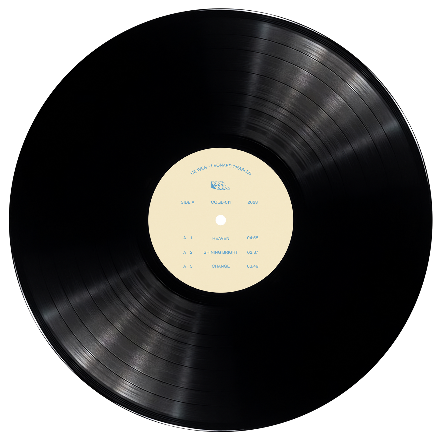 Black vinyl record with a beige label on a white background