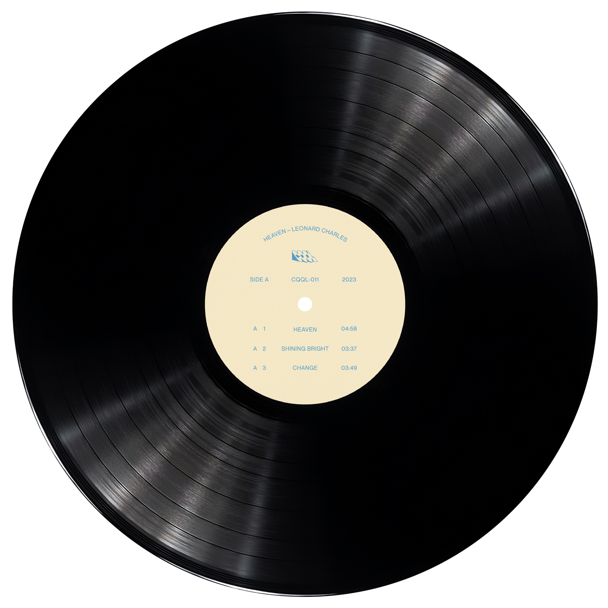 Black vinyl record with a beige label on a white background