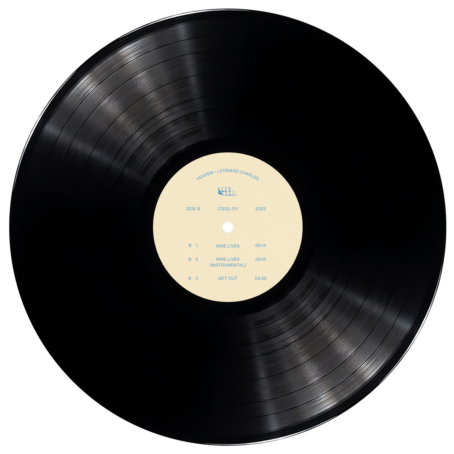 Black vinyl record with a beige label on a white background
