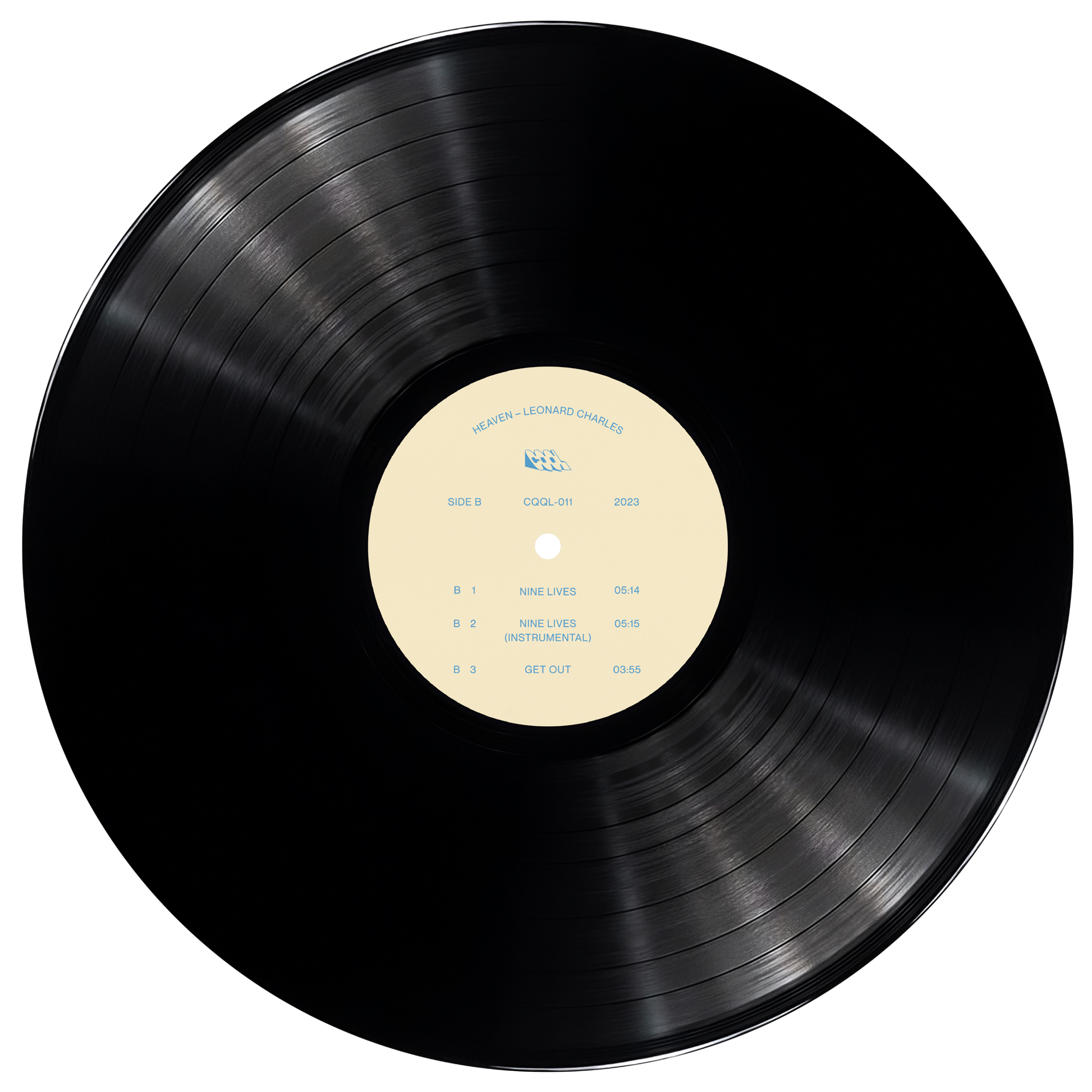 Black vinyl record with a beige label on a white background