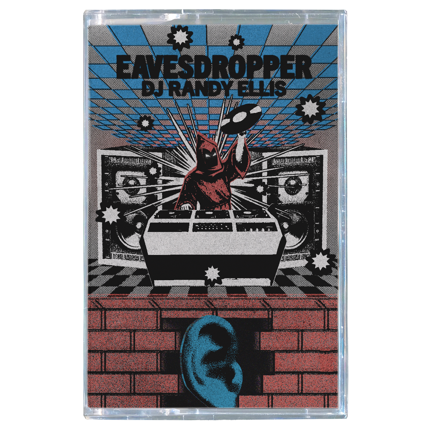 Cassette tape cover with a design containing a wizard DJ, speakers, and a dj booth, an ear, and a brick wall, featuring the text 'Eavesdropper' and 'DJ Randy Ellis'.