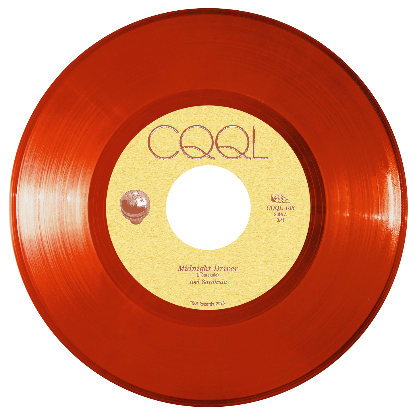 Clear red vinyl record with a yellow label on a white background