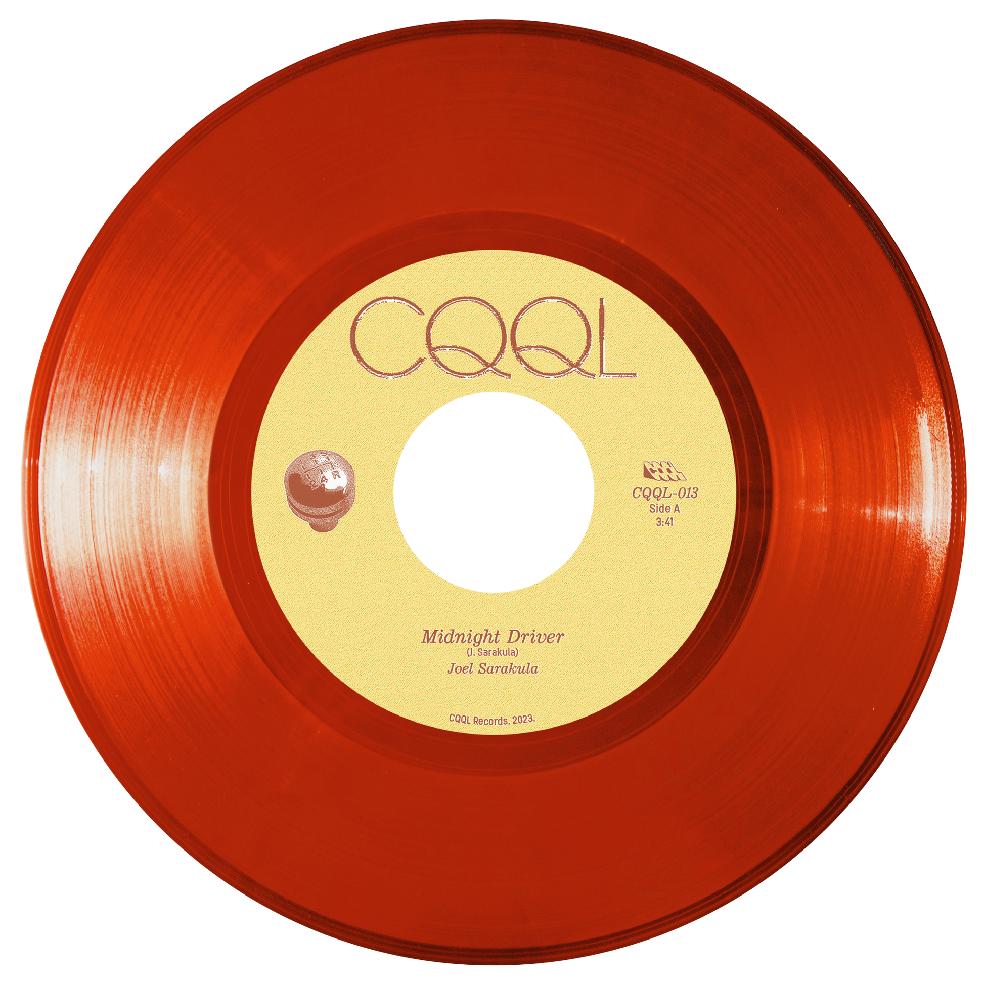 Clear red vinyl record with a yellow label on a white background