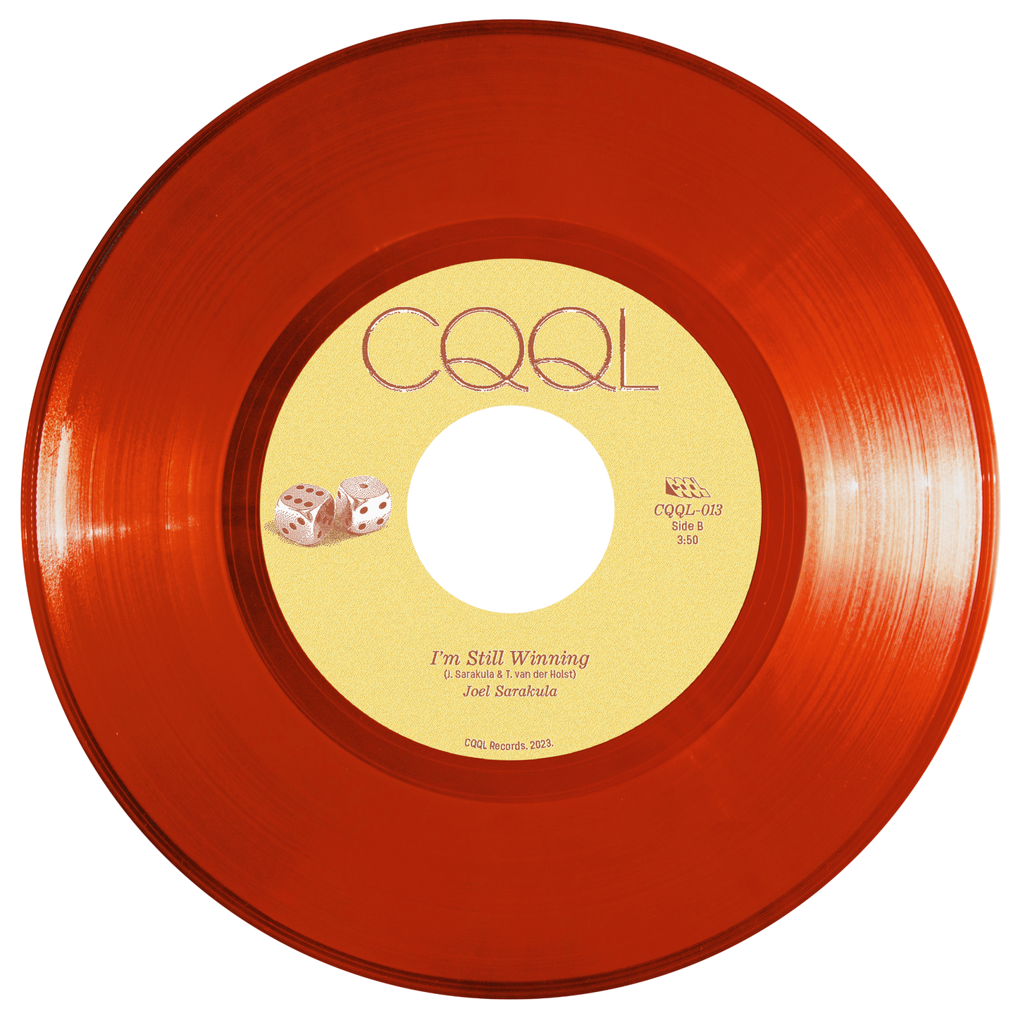 Clear red vinyl record with yellow label featuring 'CQQL' and music details on a white background