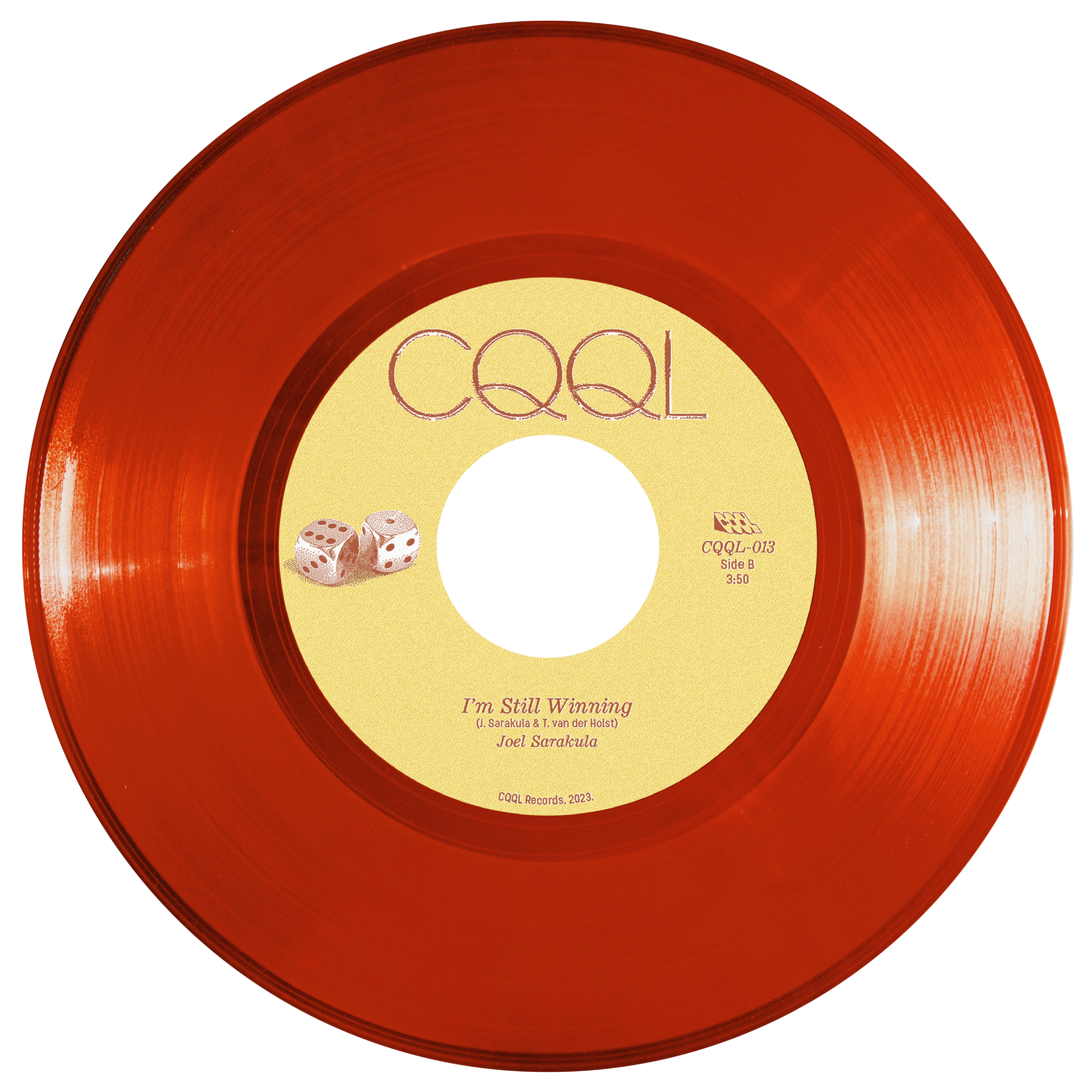 Clear red vinyl record with yellow label featuring 'CQQL' and music details on a white background
