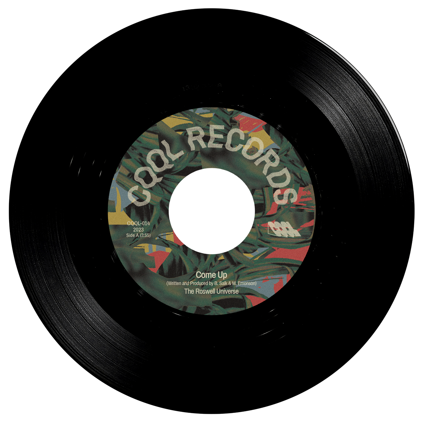Vinyl record with a colorful label on a white background
