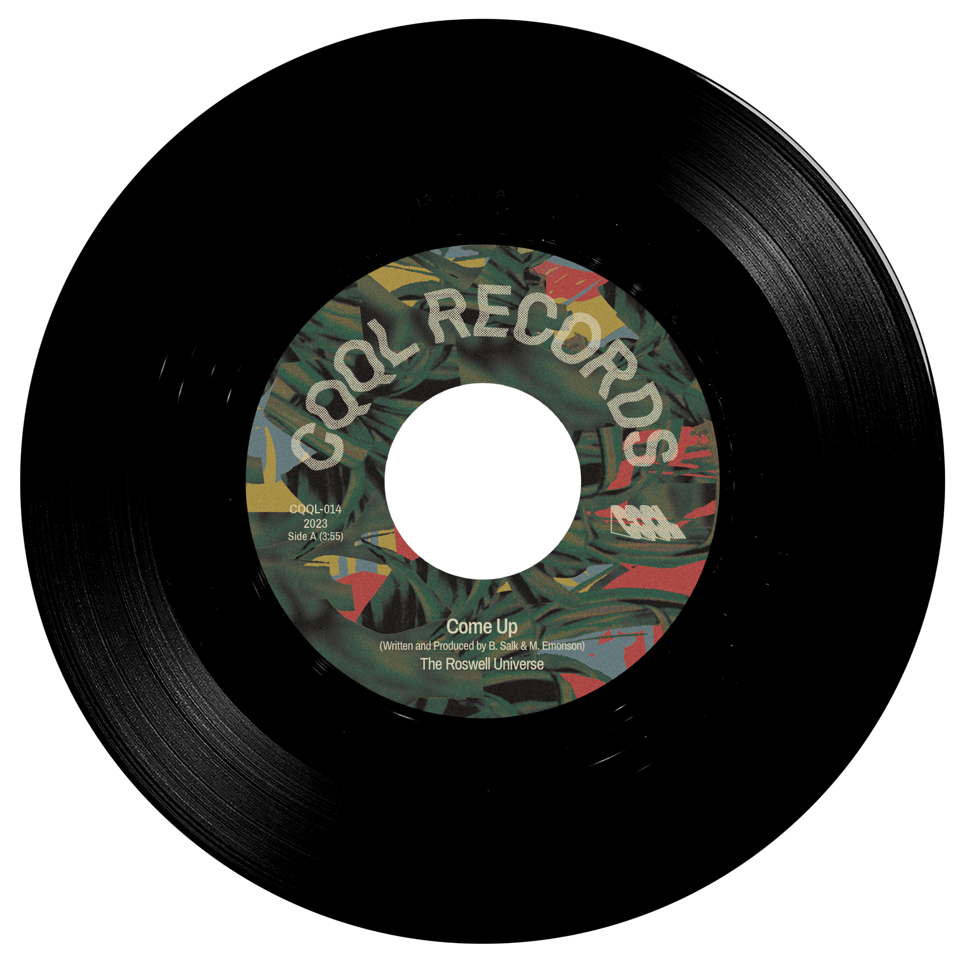 Vinyl record with a colorful label on a white background
