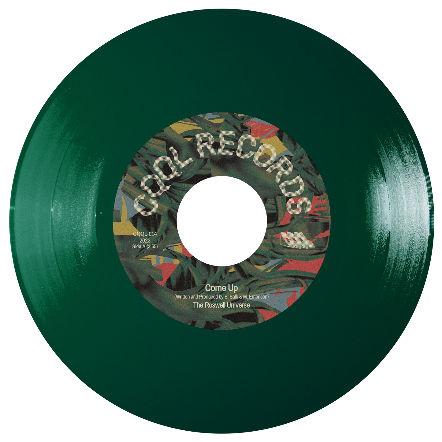 Green vinyl record with a colorful label on a white background