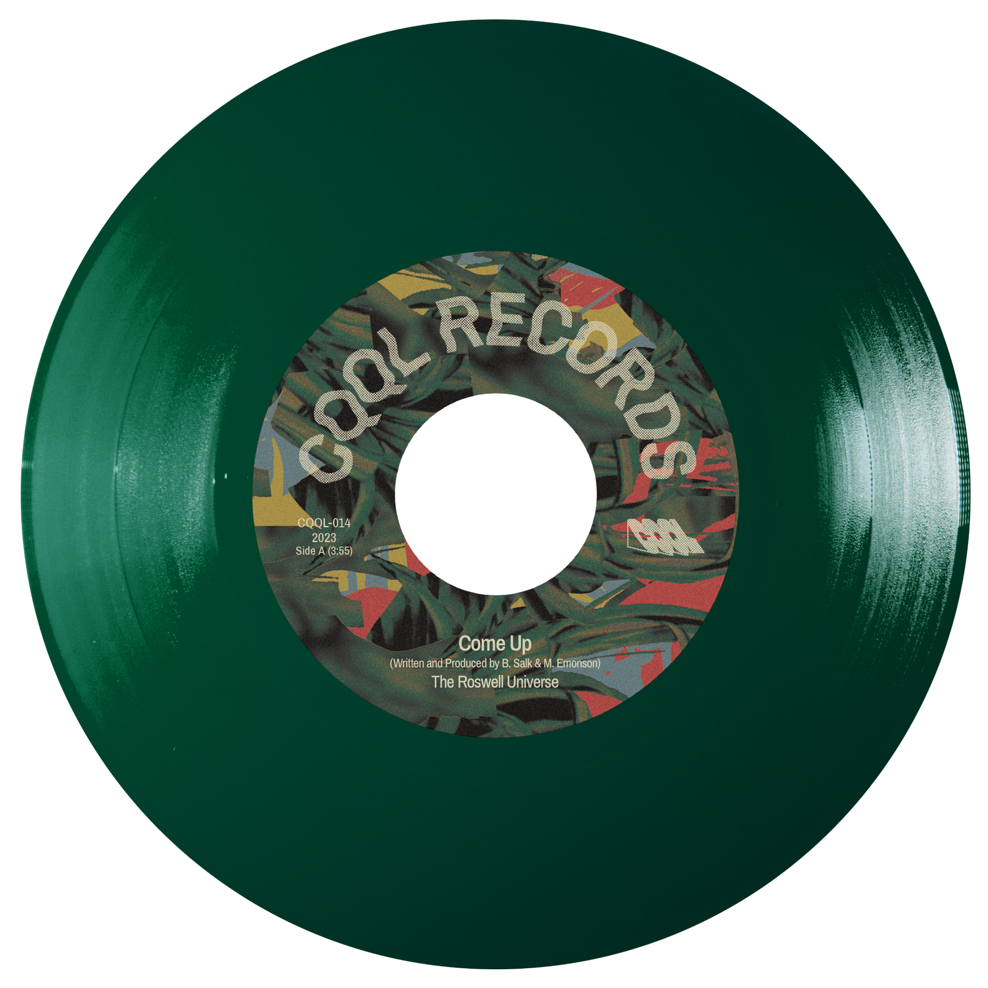 Green vinyl record with a colorful label on a white background