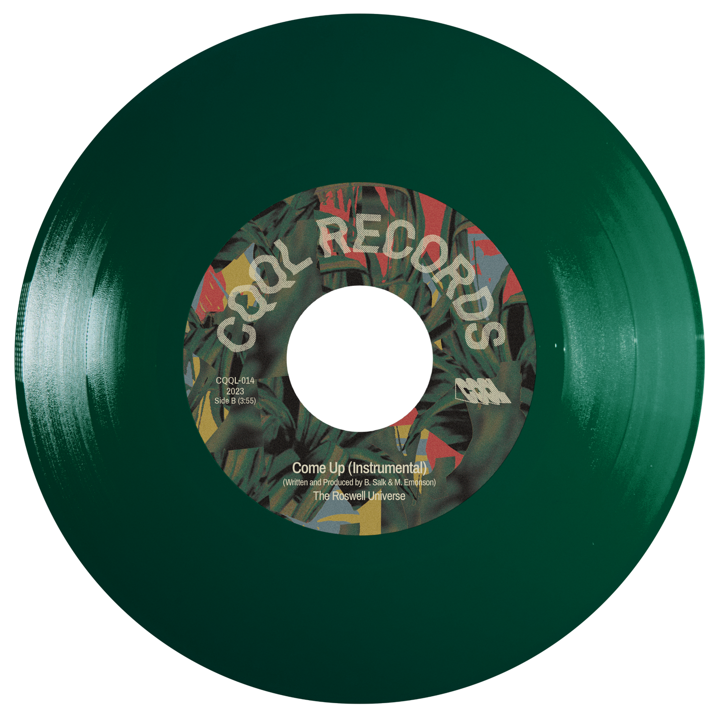 Green vinyl record with a colorful label on a white background