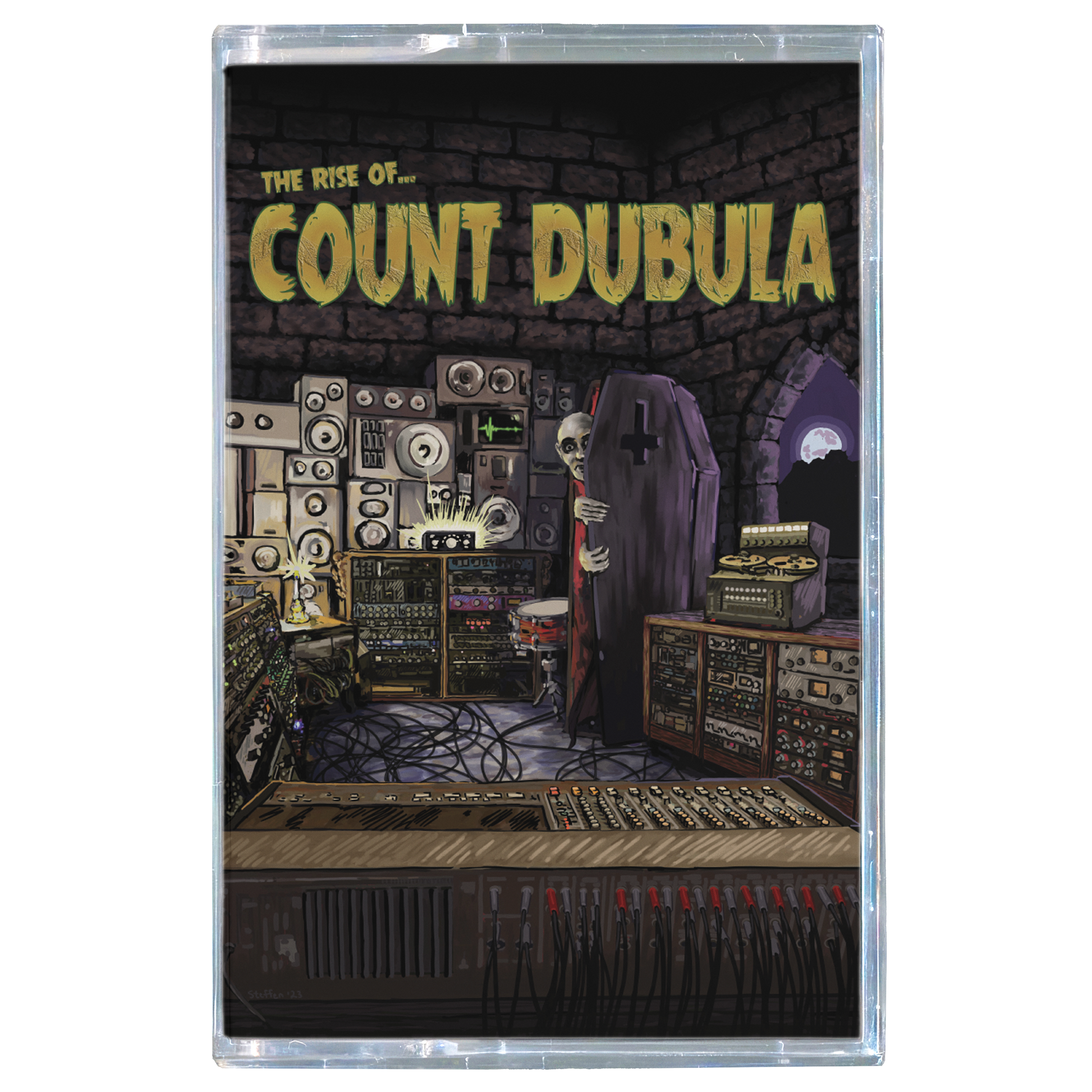 Cassette tape cover with a dark room filled with electronic equipment and a ghostly figure, titled 'The Rise of Count Dubula'.
