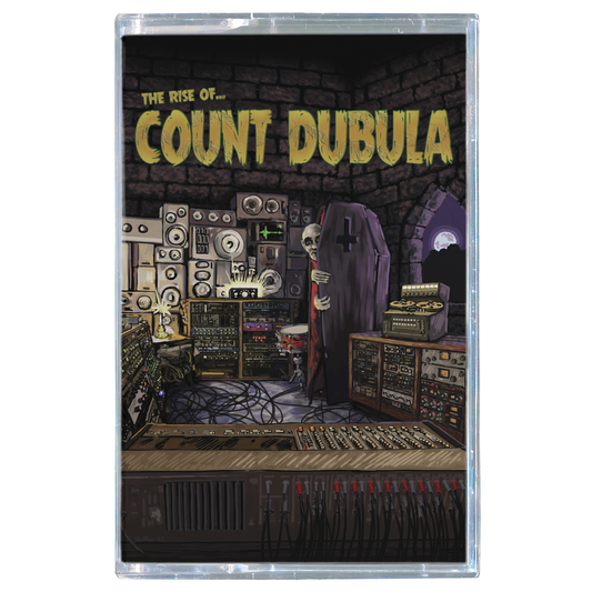 Cassette tape cover with a dark room filled with electronic equipment and a ghostly figure, titled 'The Rise of Count Dubula'.