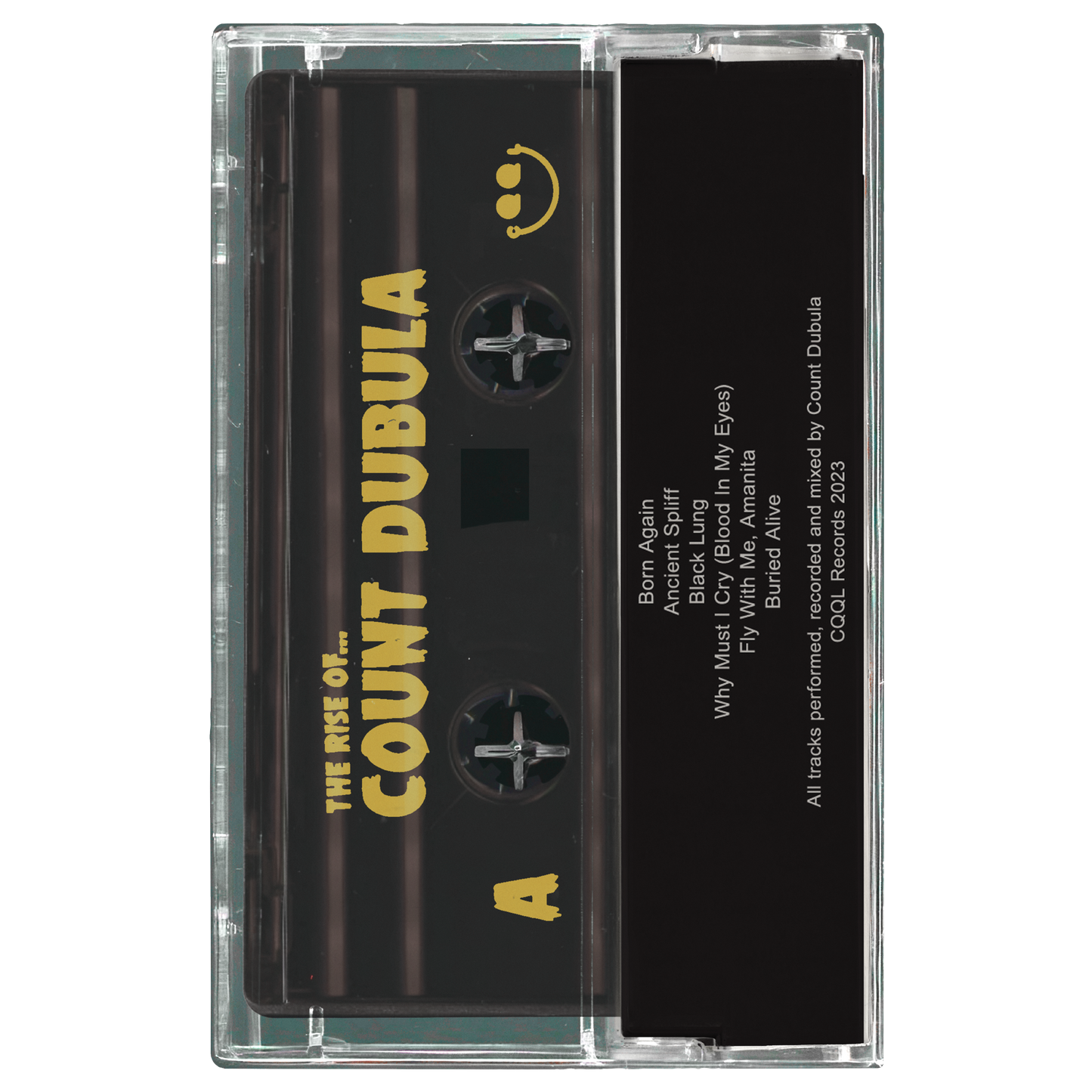 Cassette tape with 'The Rise of Count Dubula' on a clear case