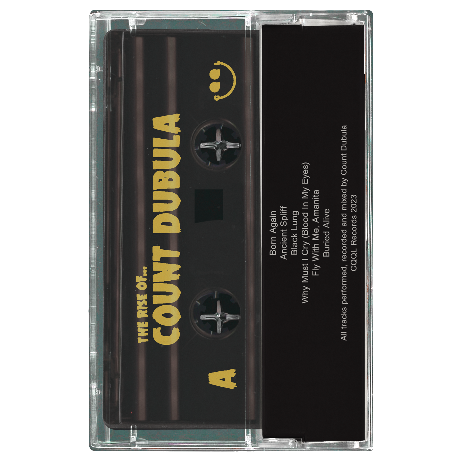 Cassette tape with 'The Rise of Count Dubula' on a clear case