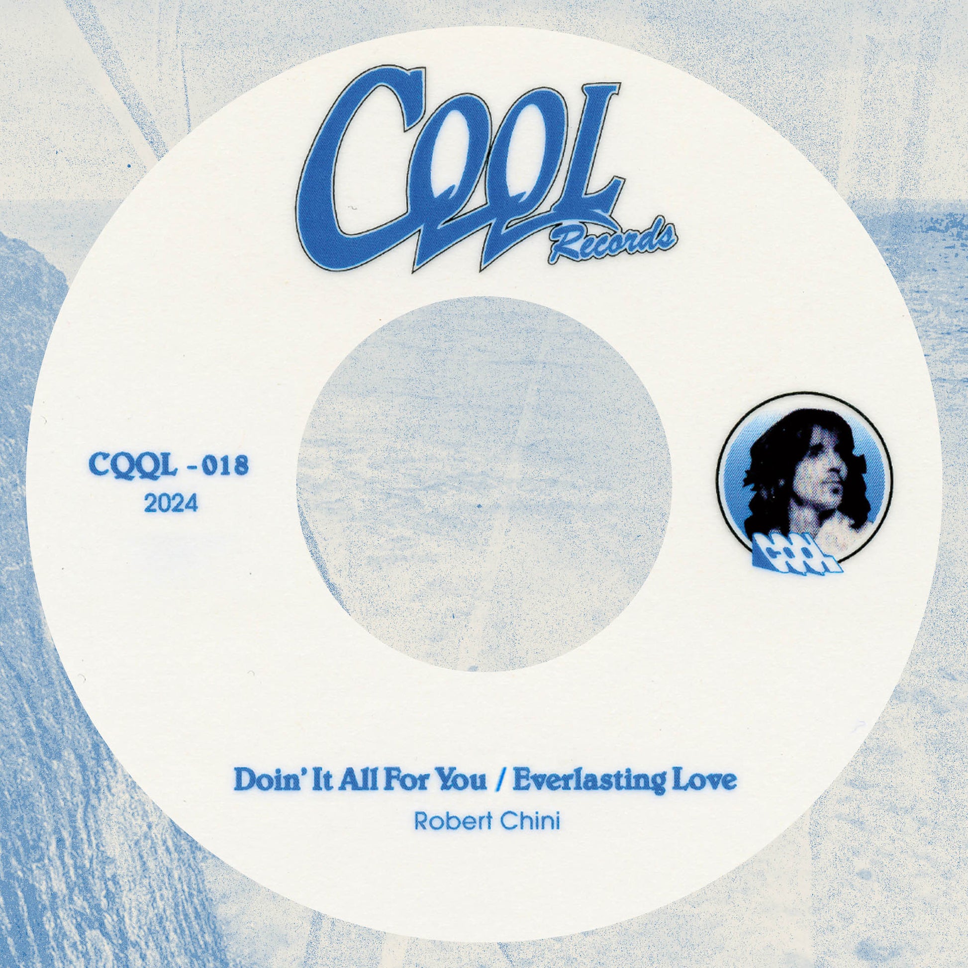 Vinyl record label with 'CQQL Records' branding and album details on a light blue background.