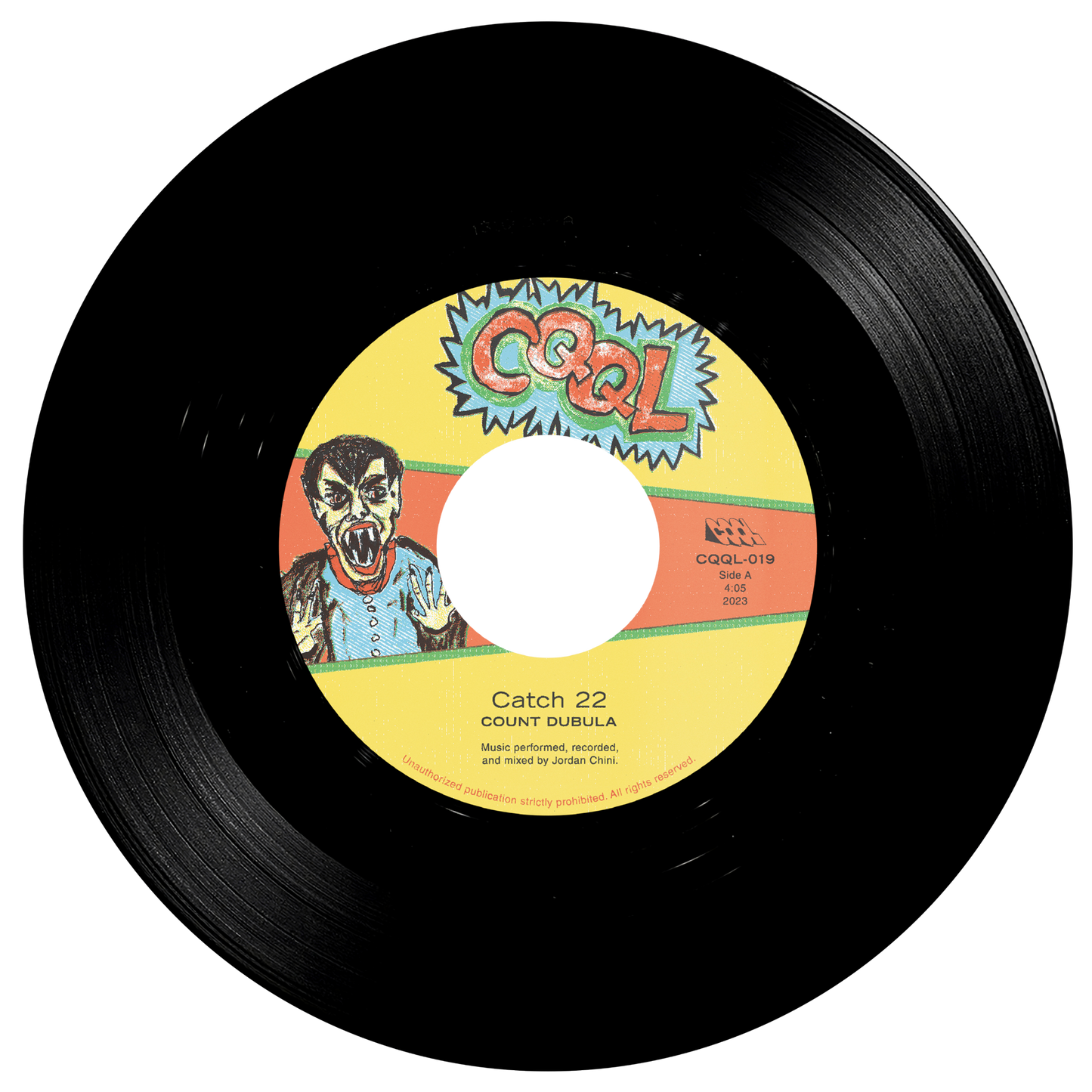 Vinyl record with a colorful label featuring a hand drawn vampire cartoon and text.