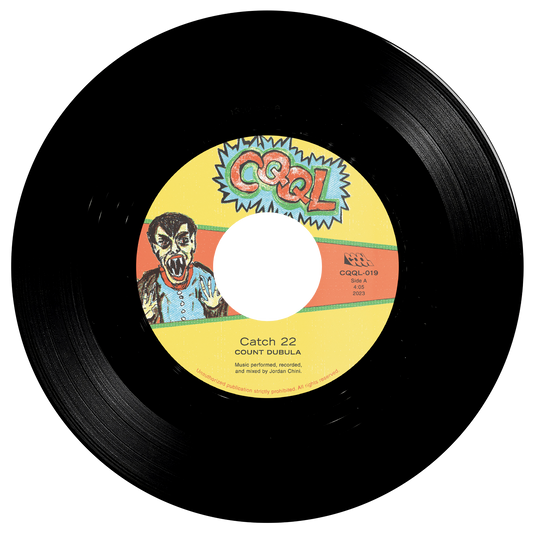 Vinyl record with a colorful label featuring a hand drawn vampire cartoon and text.
