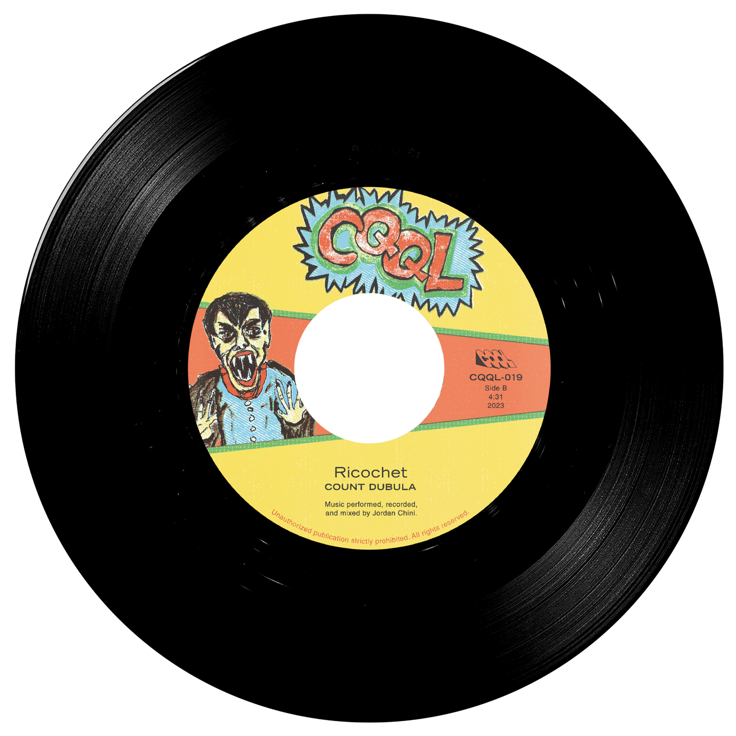 Vinyl record with a colorful label featuring a hand drawn vampire cartoon and text.