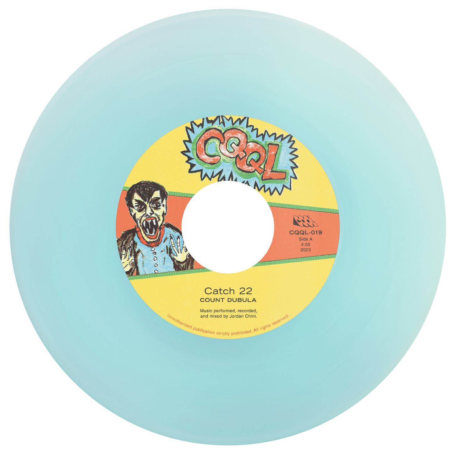 Frosted blue color vinyl record with a colorful label featuring a character and text on a light blue background