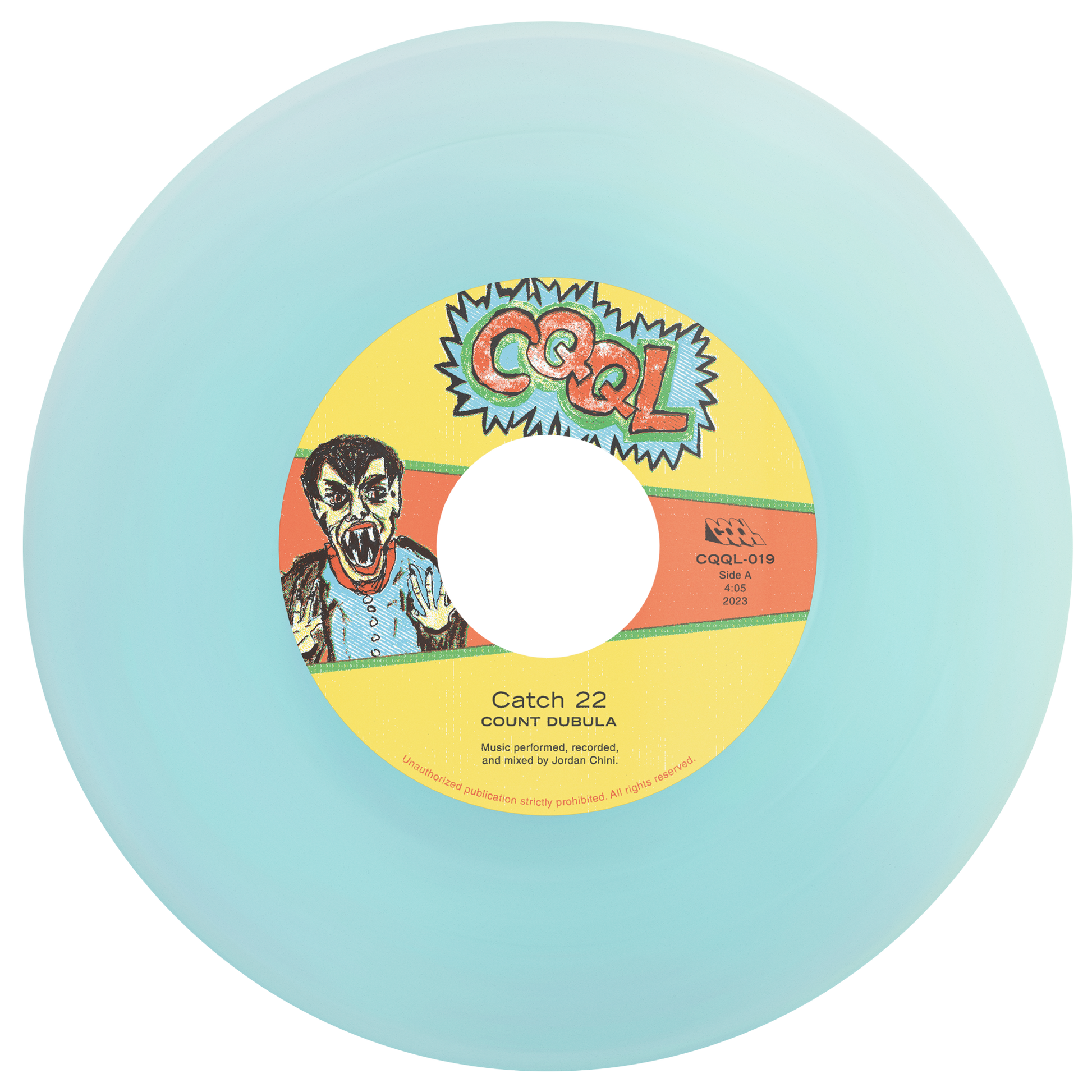 Frosted blue color vinyl record with a colorful label featuring a character and text on a light blue background