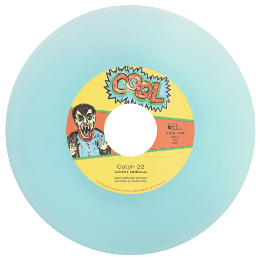 Frosted blue color vinyl record with a colorful label featuring a character and text on a light blue background
