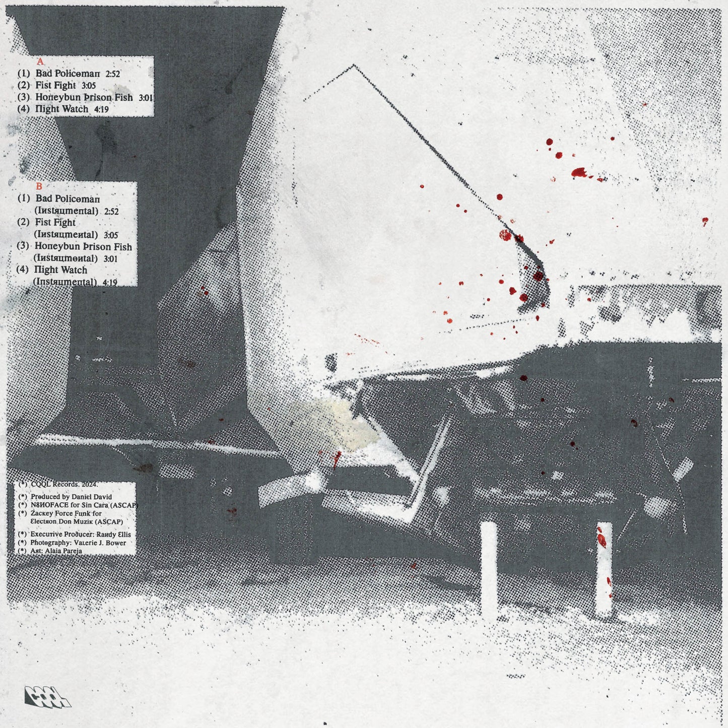 Album cover with abstract design and text on a gray background