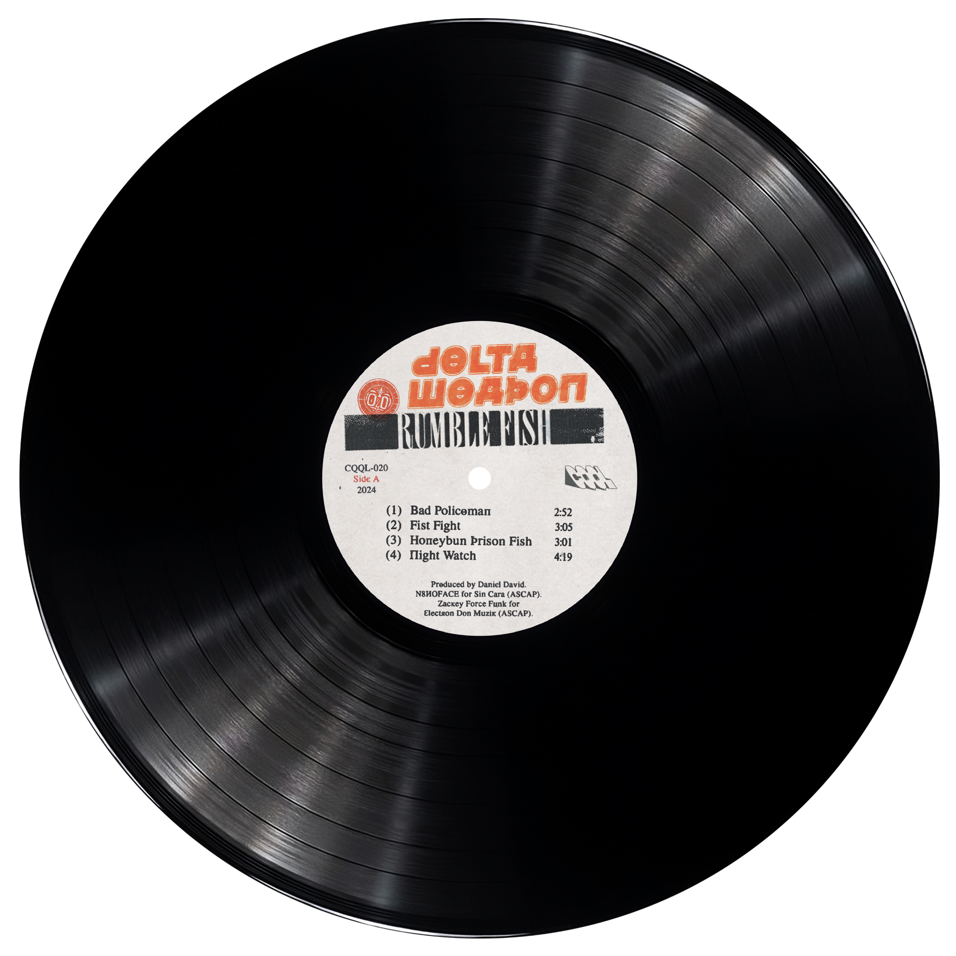 Black vinyl record with a label featuring 'Delta Weapon' on a white background