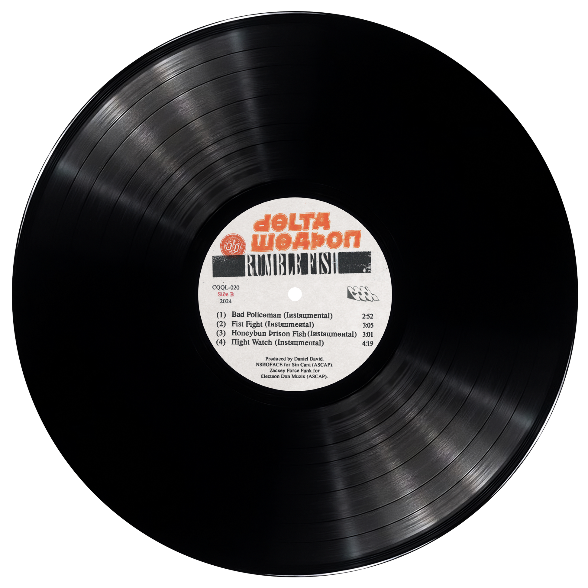 Vinyl record with a label featuring 'Delta Weapon' on a white background