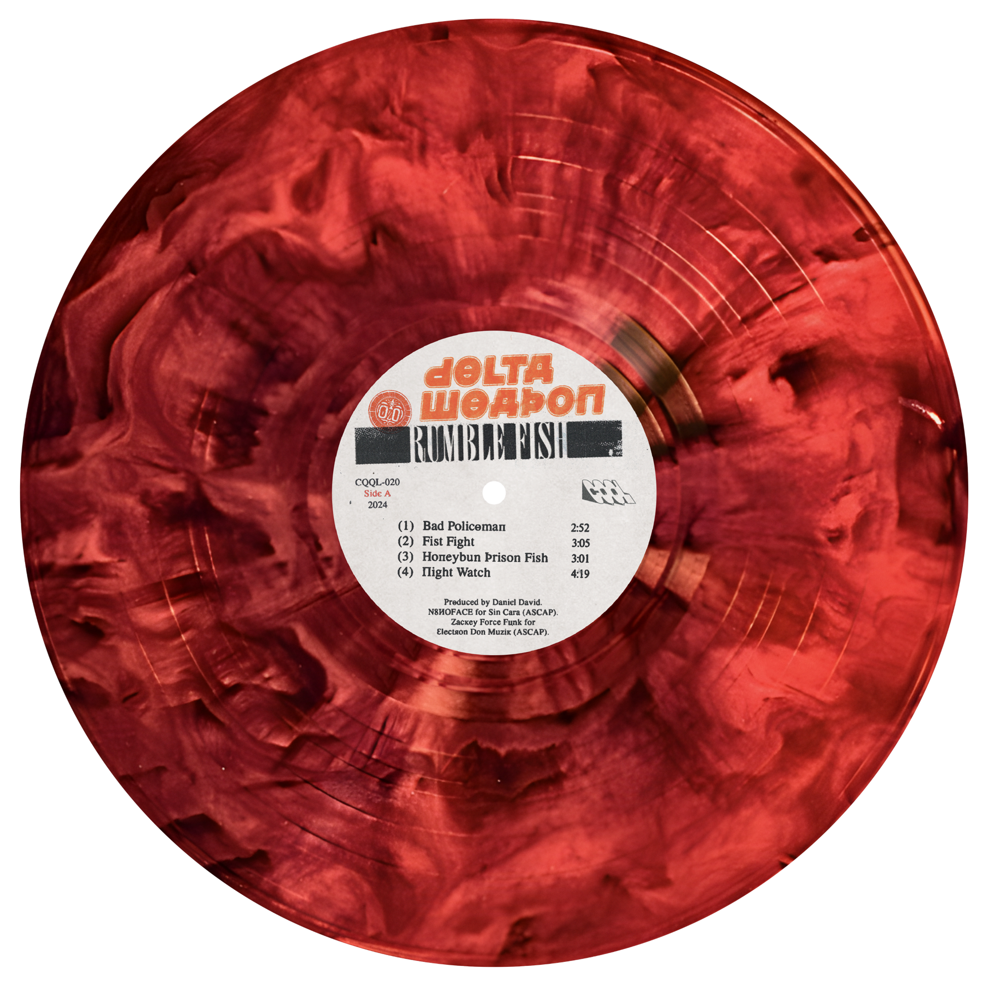 Red vinyl record with a label featuring text and a barcode on a white background