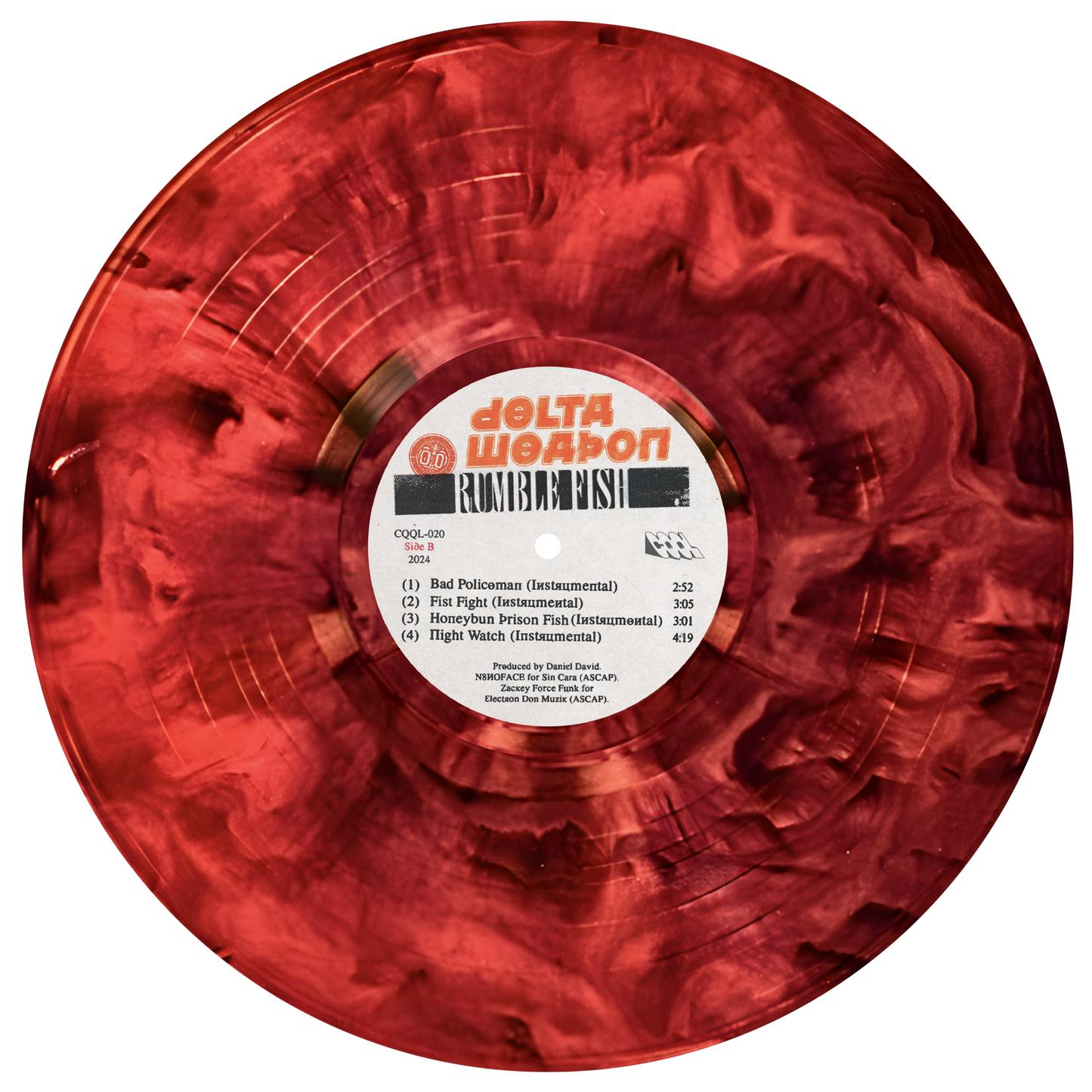 Red vinyl record with a label on a white background