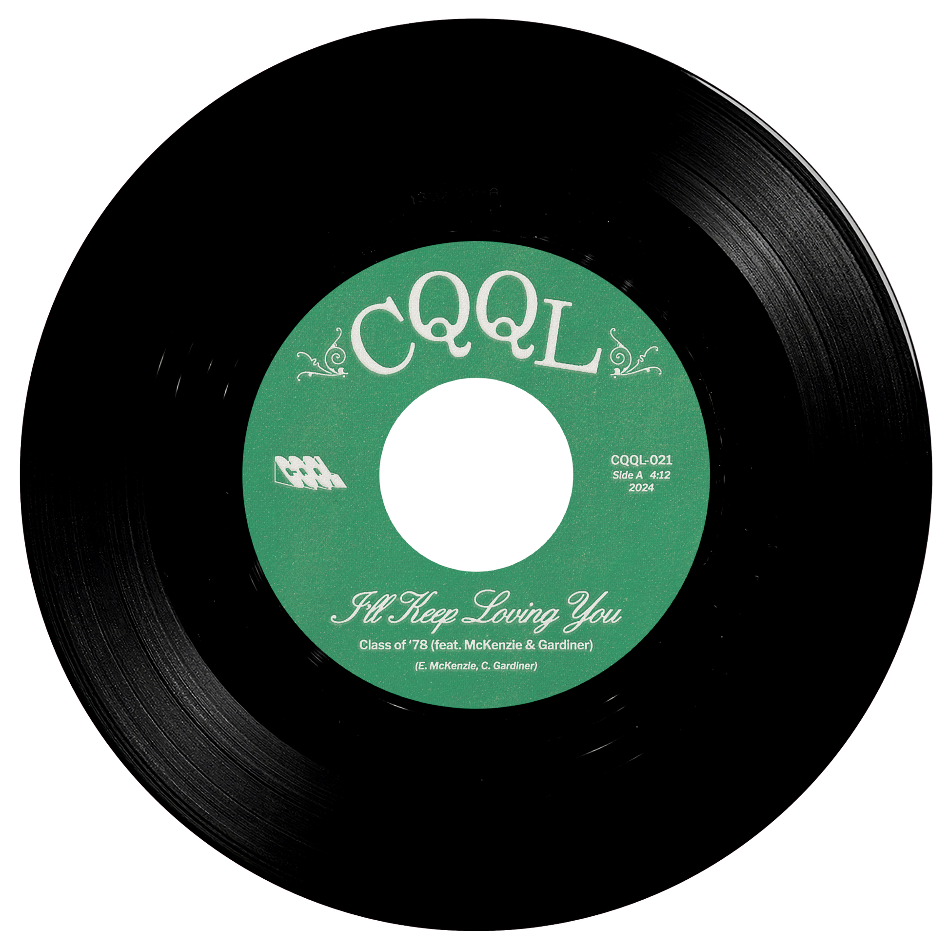 Vinyl record with a green label featuring 'CQQL' on a white background