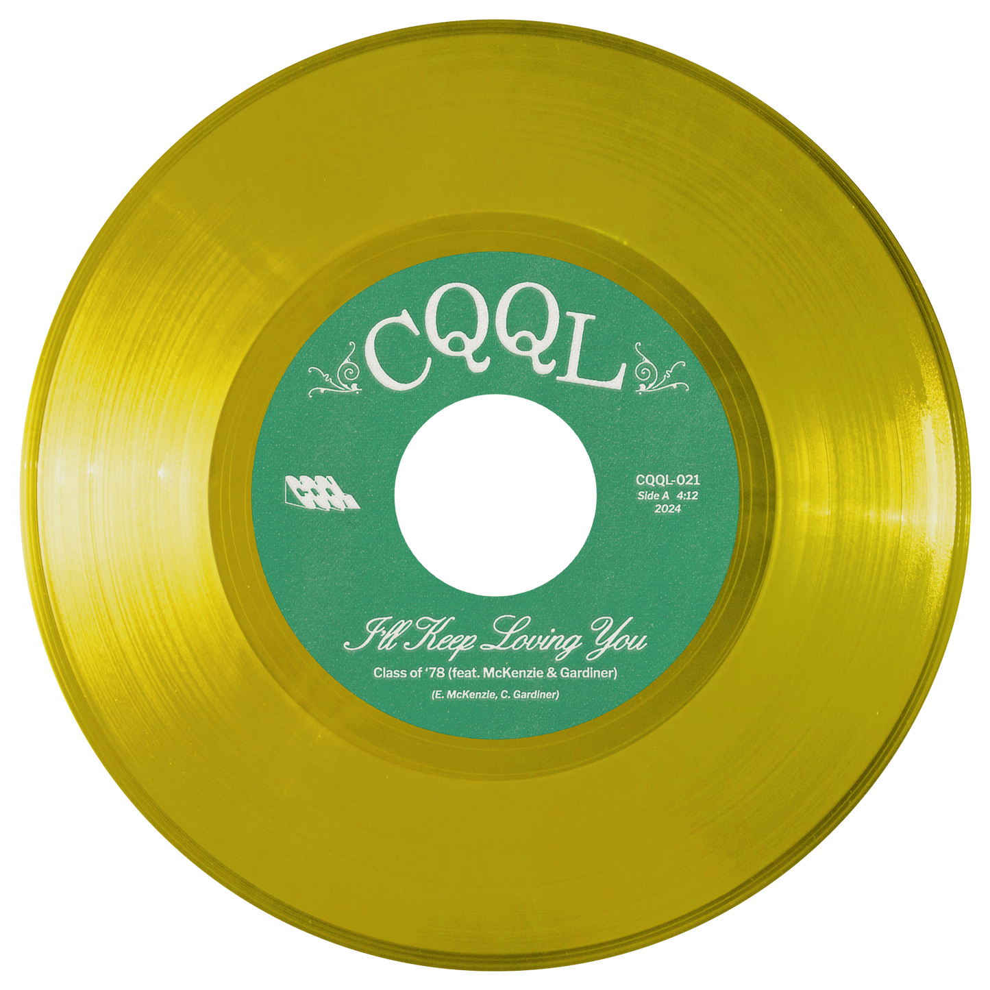 Clear yellow color vinyl record with green label on a white background