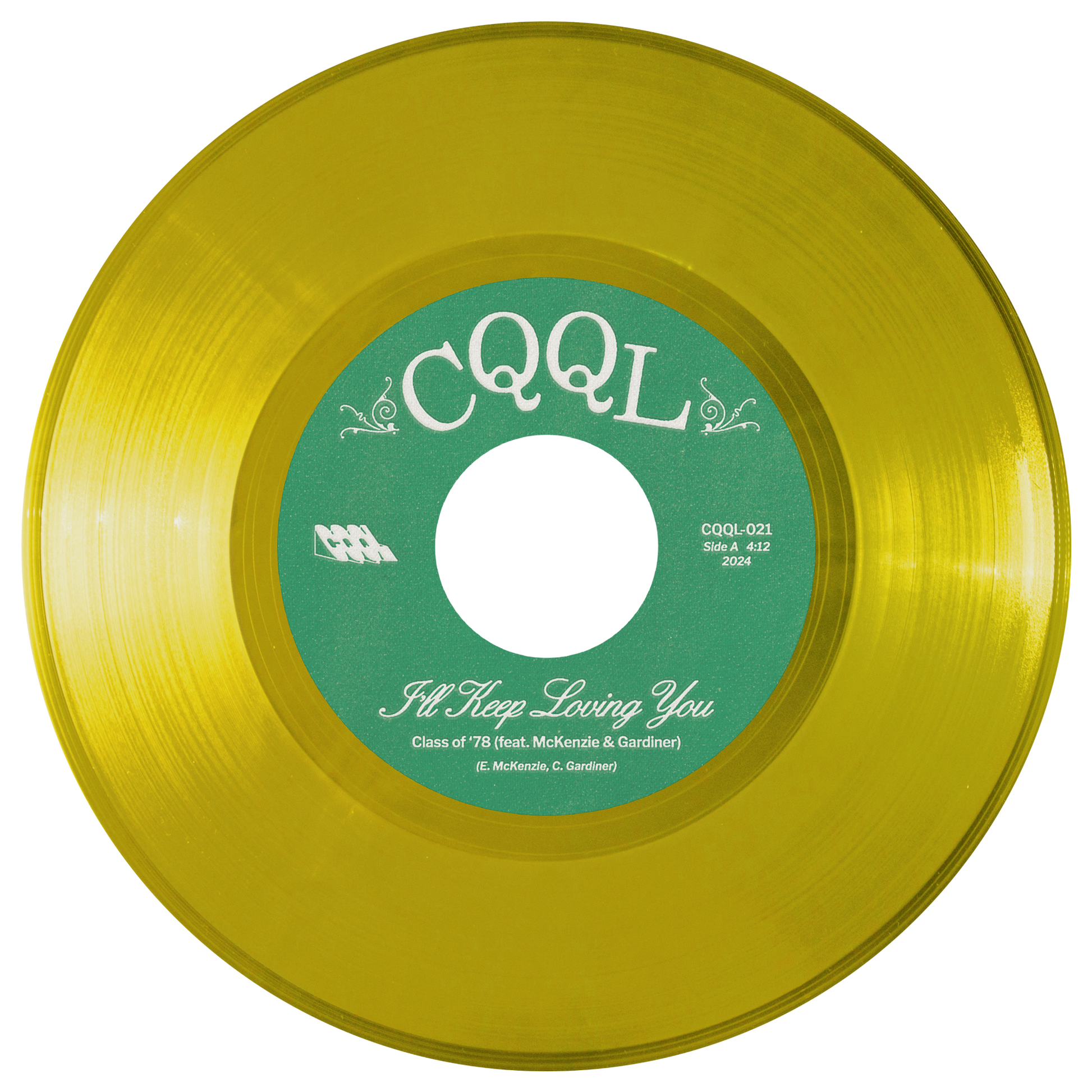 Clear yellow color vinyl record with green label on a white background