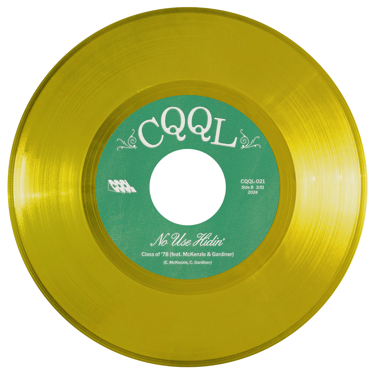 Clear yellow color vinyl record with green label on a white background