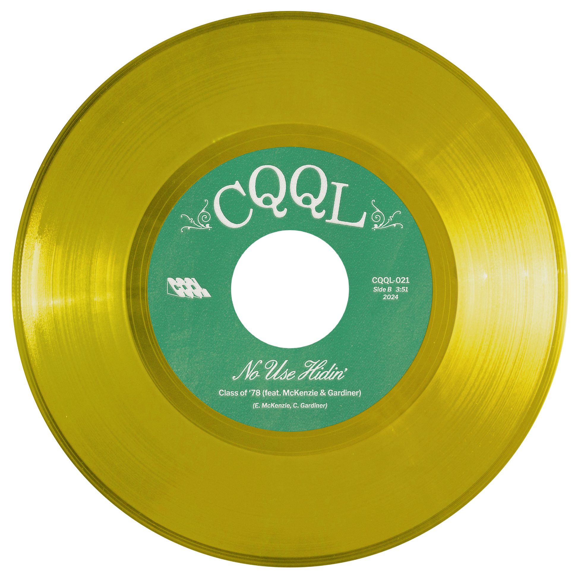 Clear yellow color vinyl record with green label on a white background
