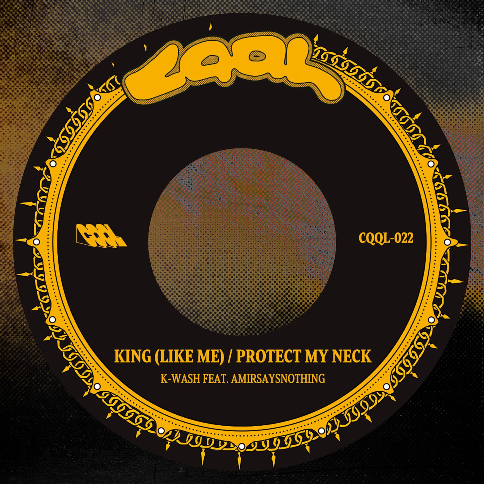 Vinyl record label with gold and black design featuring text and a logo.