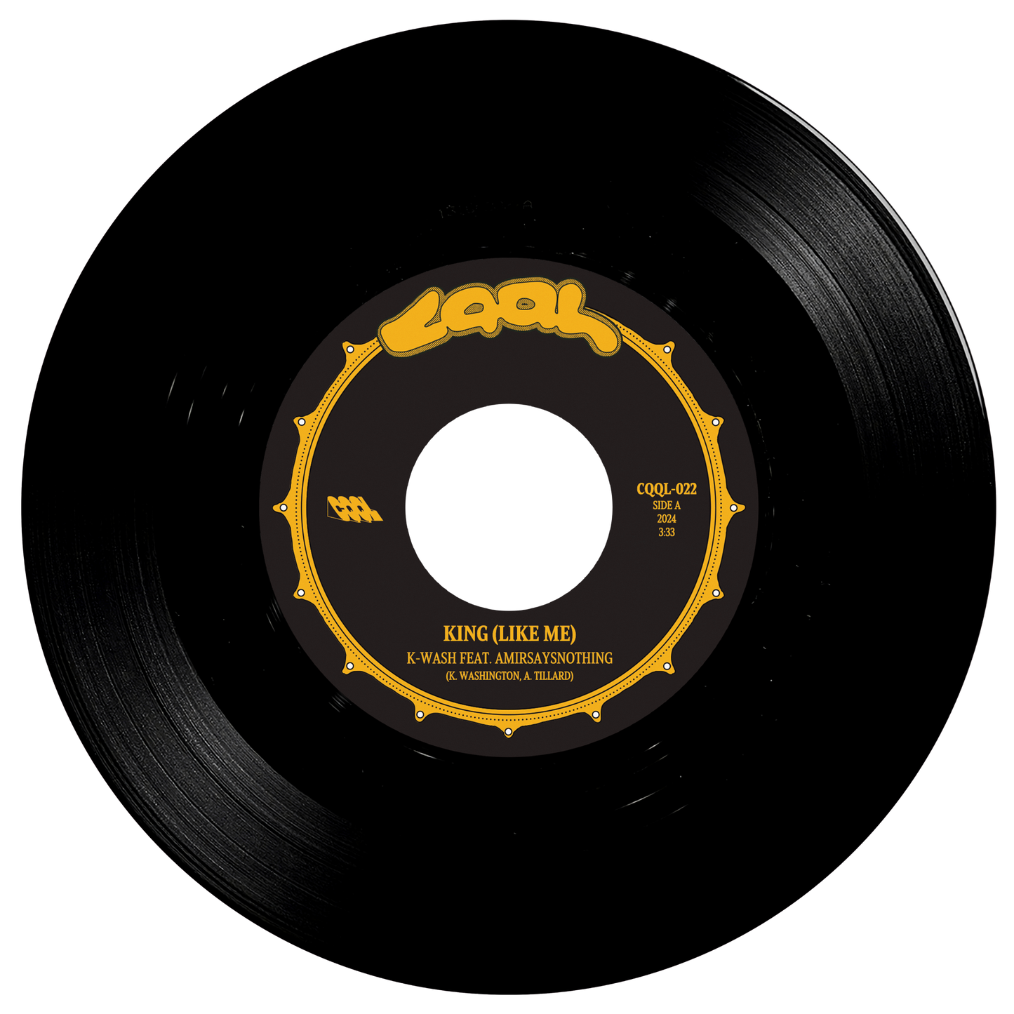 Black vinyl record with a gold label on a white background