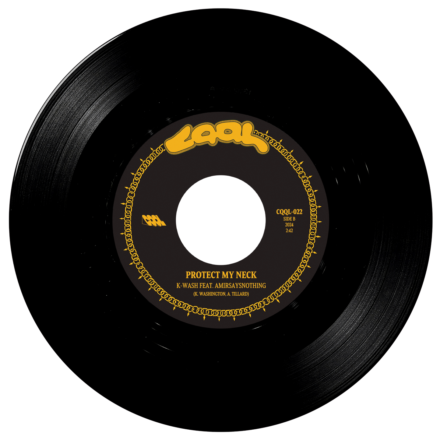 Black vinyl record with yellow text on a white background