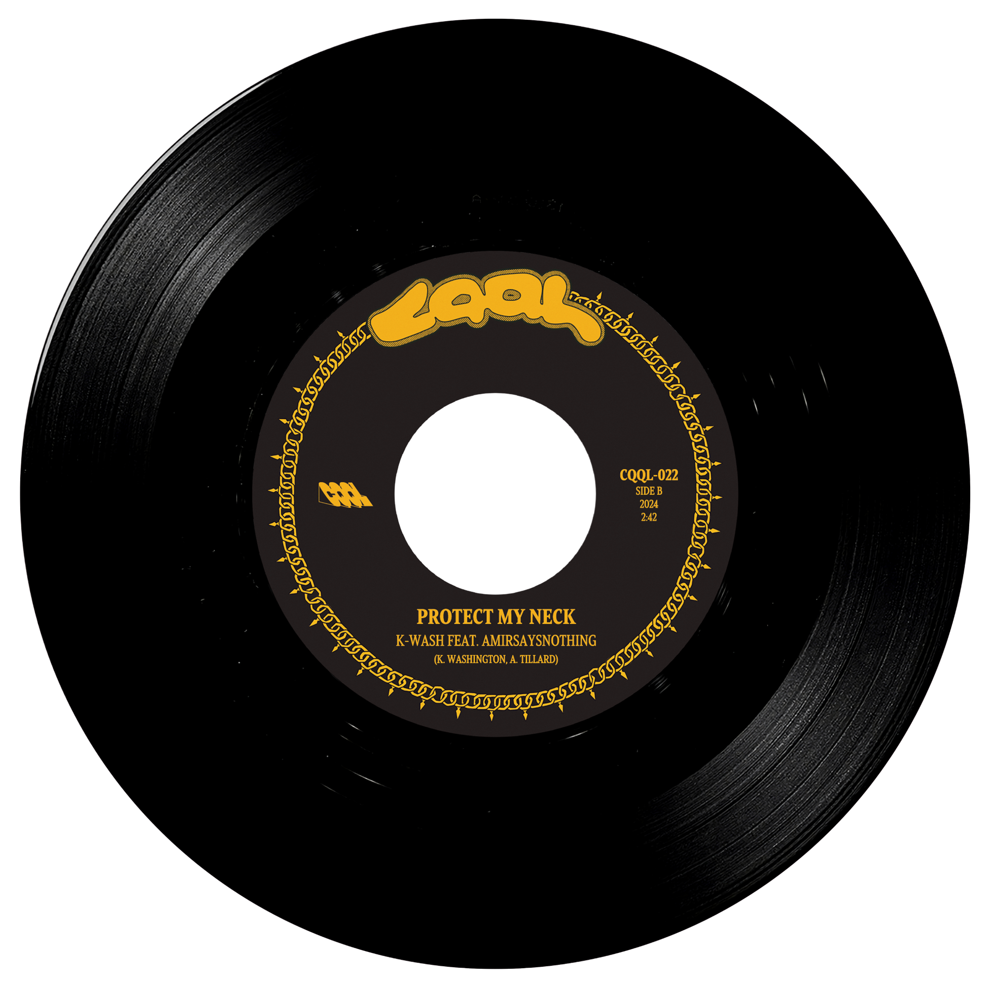Black vinyl record with yellow text on a white background
