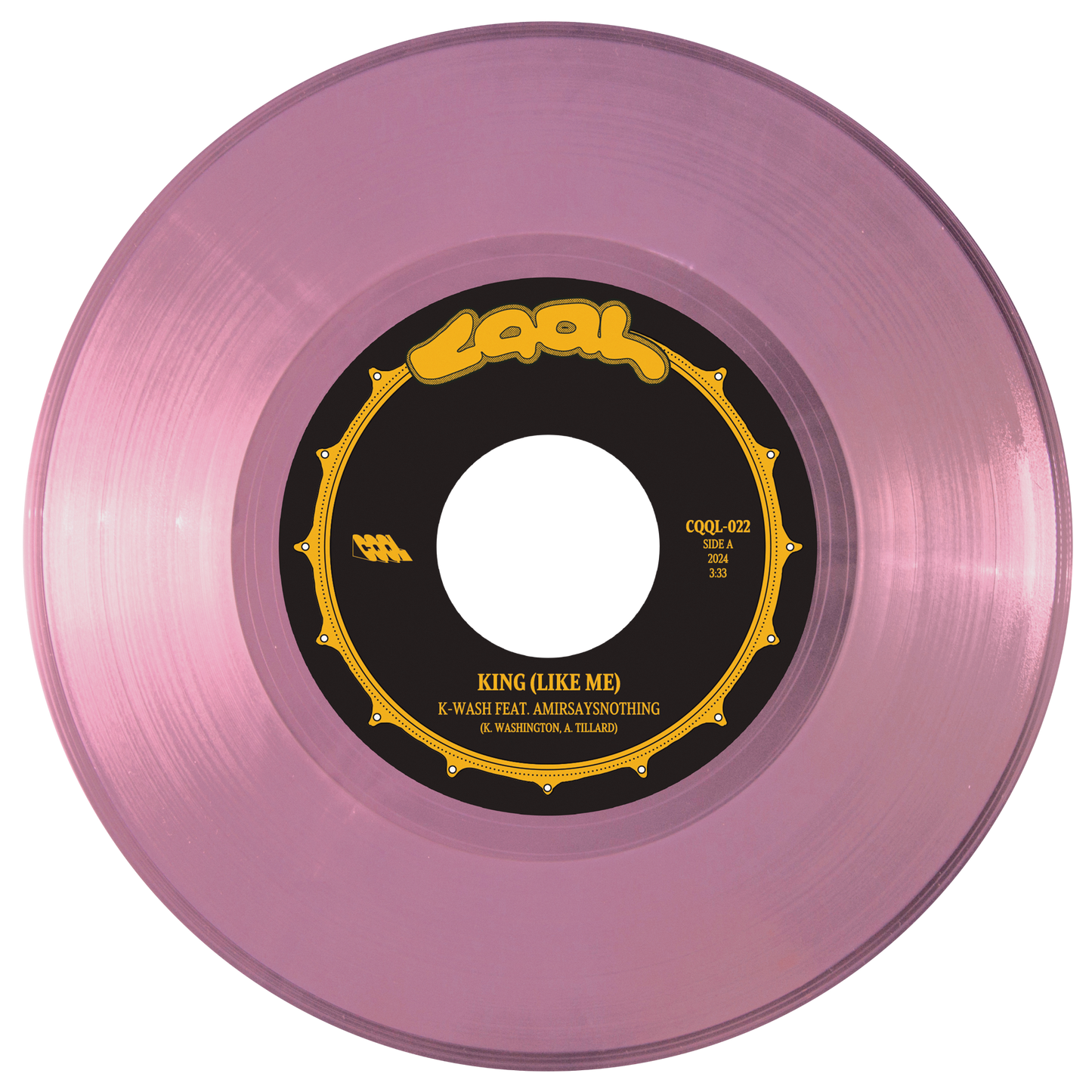 Pink vinyl record with a black label on a white background