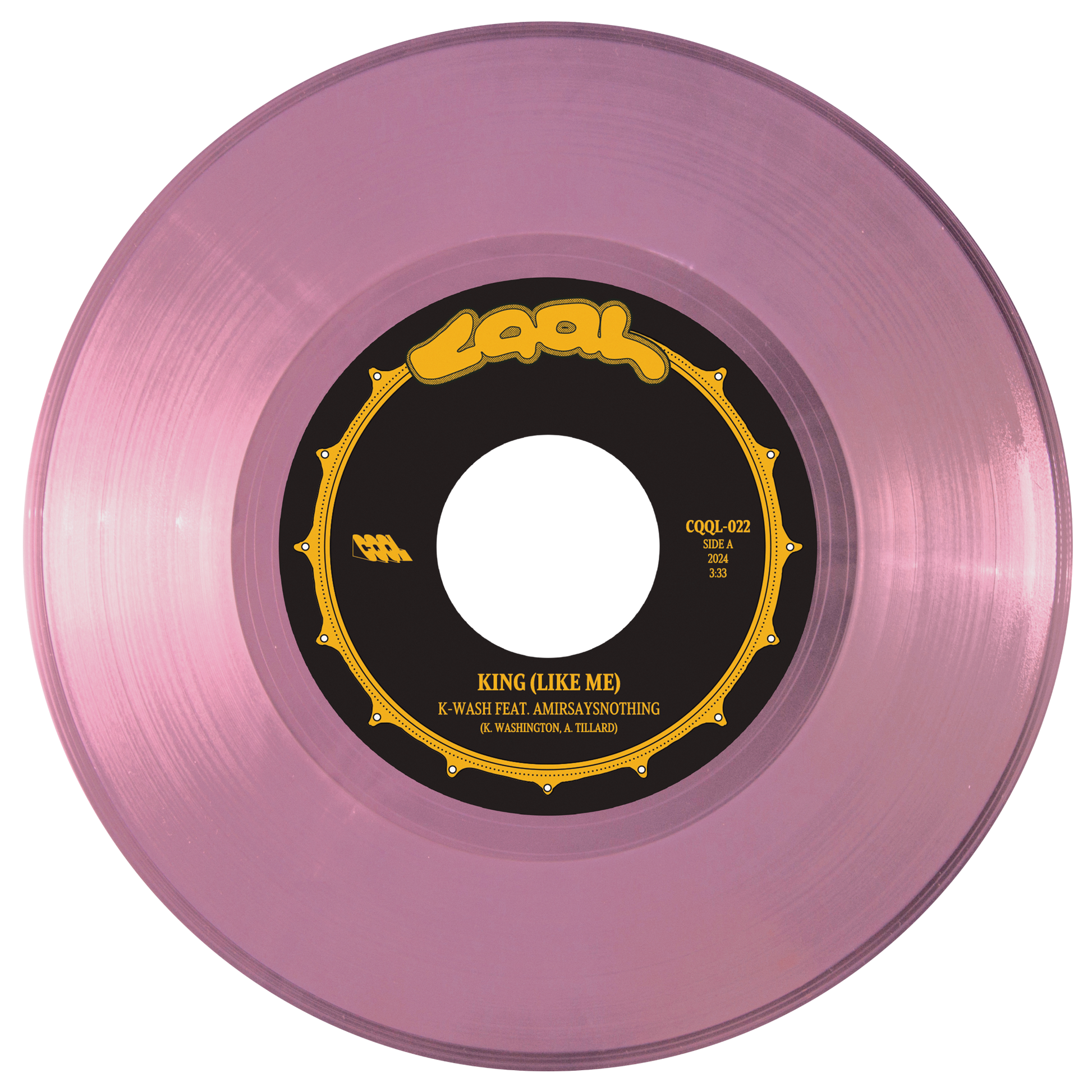 Pink vinyl record with a black label on a white background