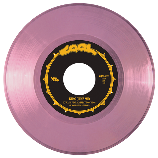 Pink vinyl record with a black label on a white background