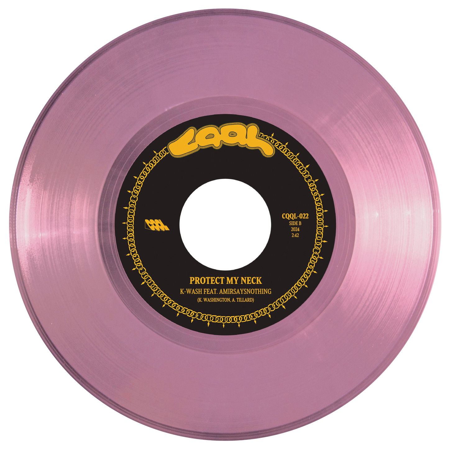 Pink vinyl record with a black label featuring yellow text on a white background