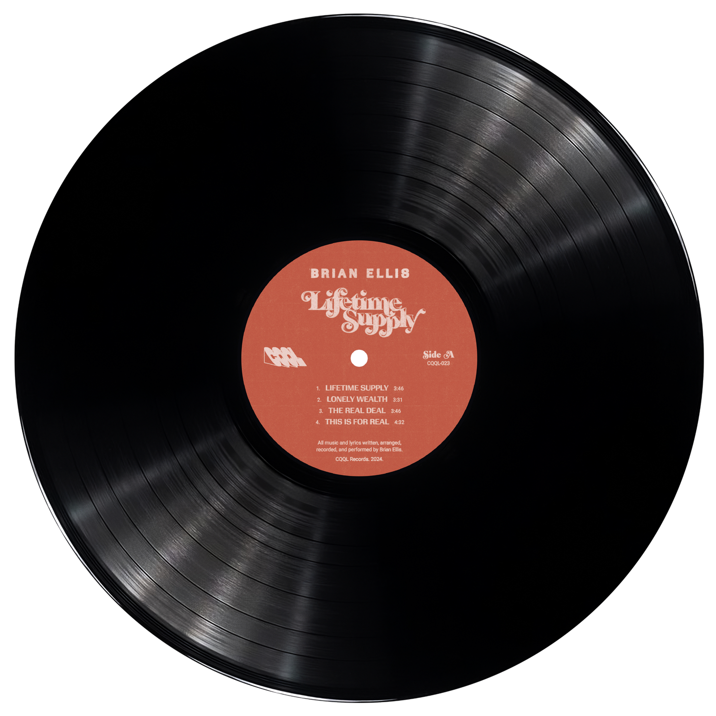 Black vinyl record with a red label on a white background