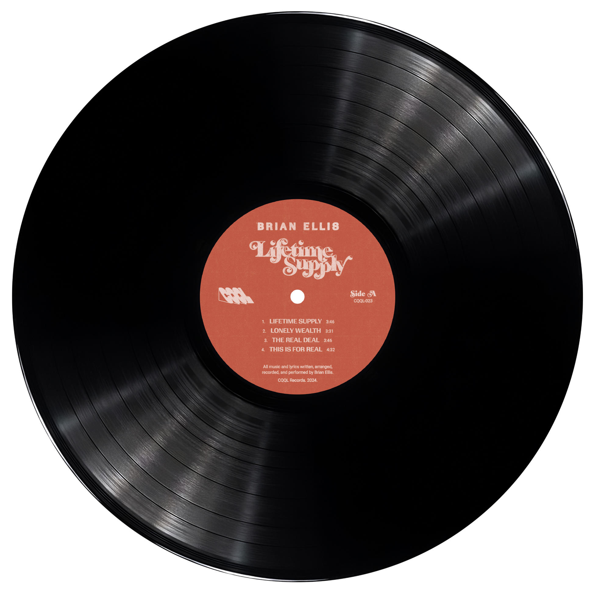 Black vinyl record with a red label on a white background