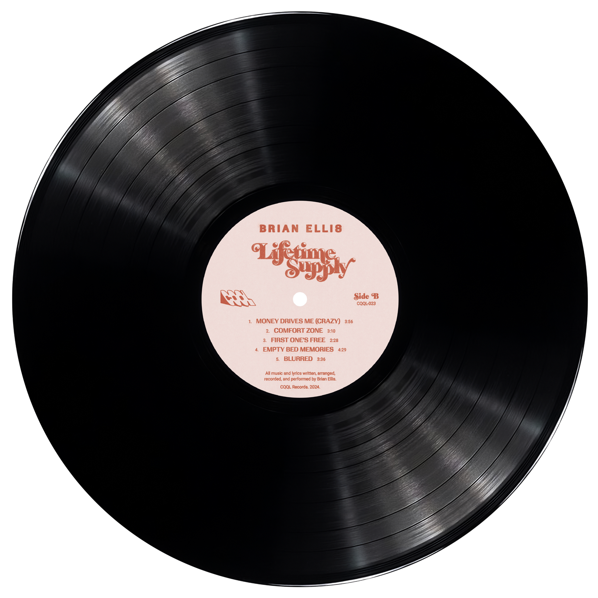 Vinyl record with a very light pink label on a white background