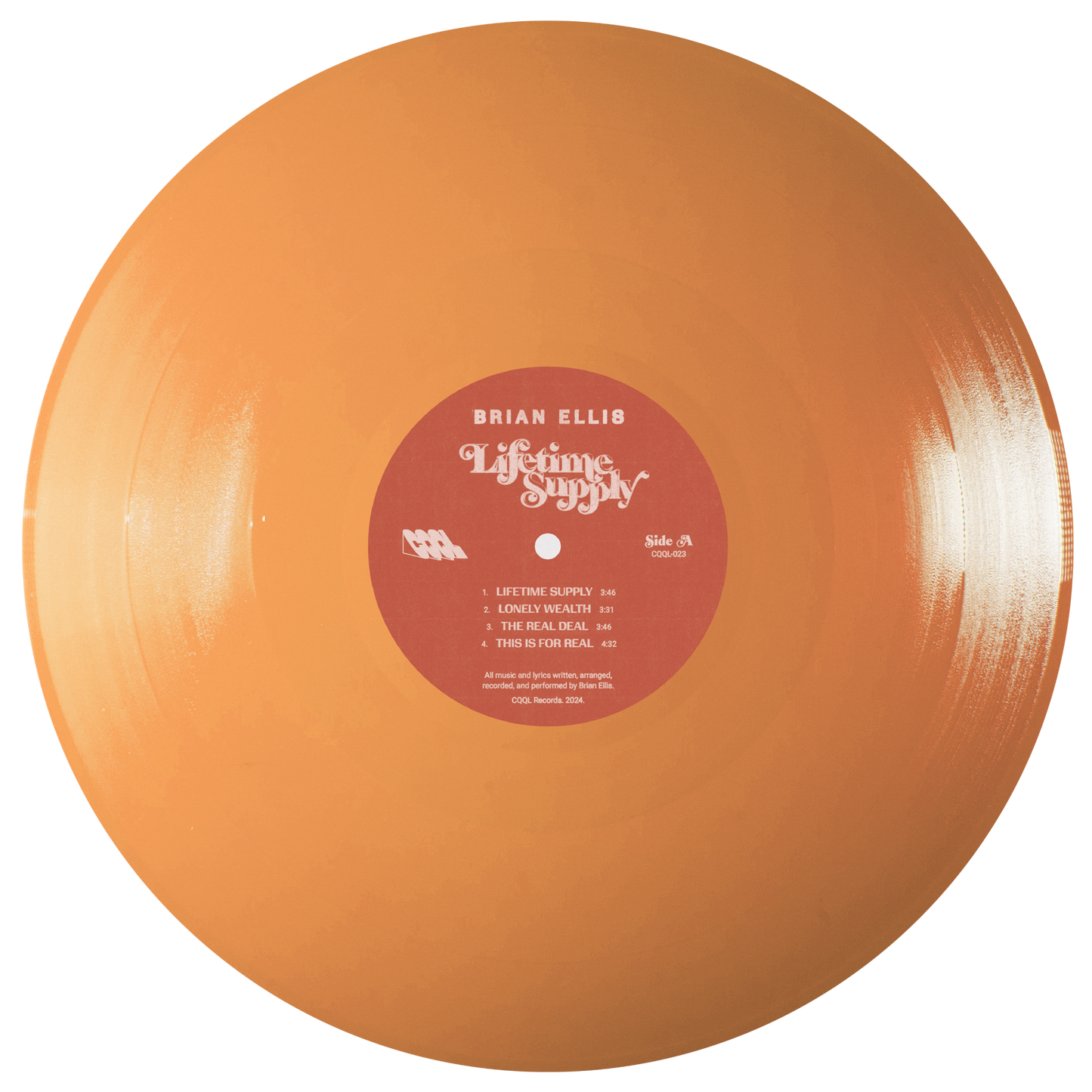 Peach-colored vinyl record with a label on a white background