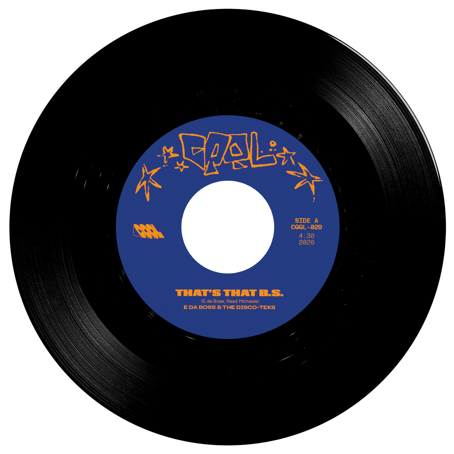Black vinyl record with blue label on a white background